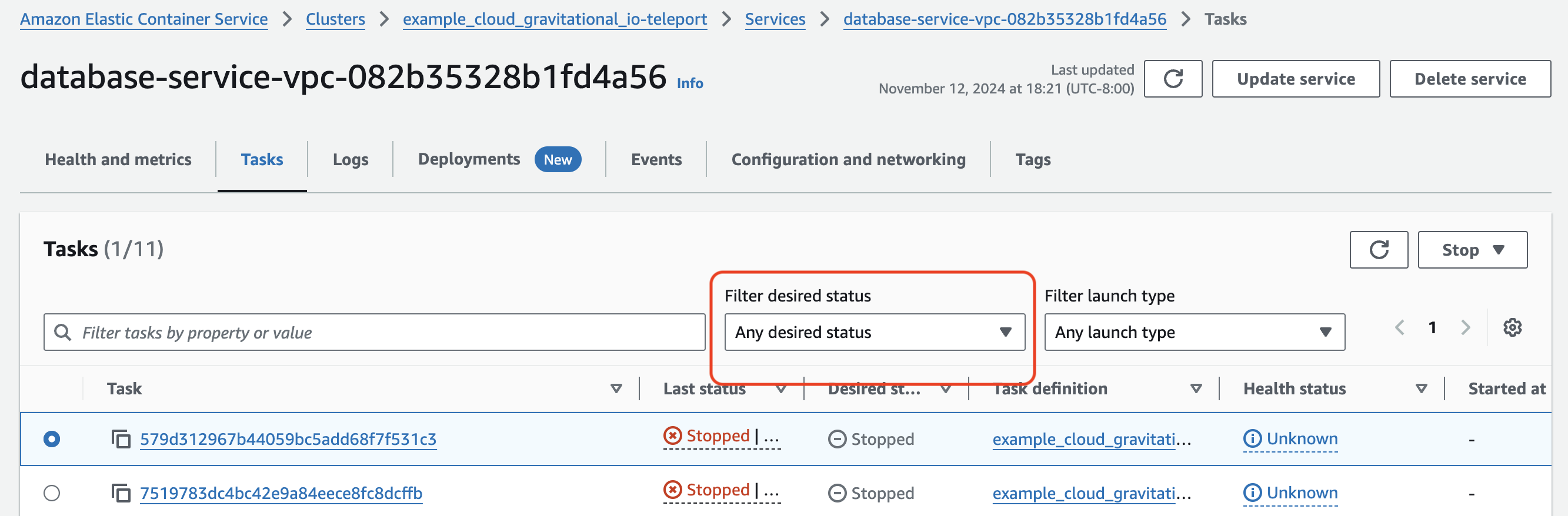 Screenshot of ECS services overview