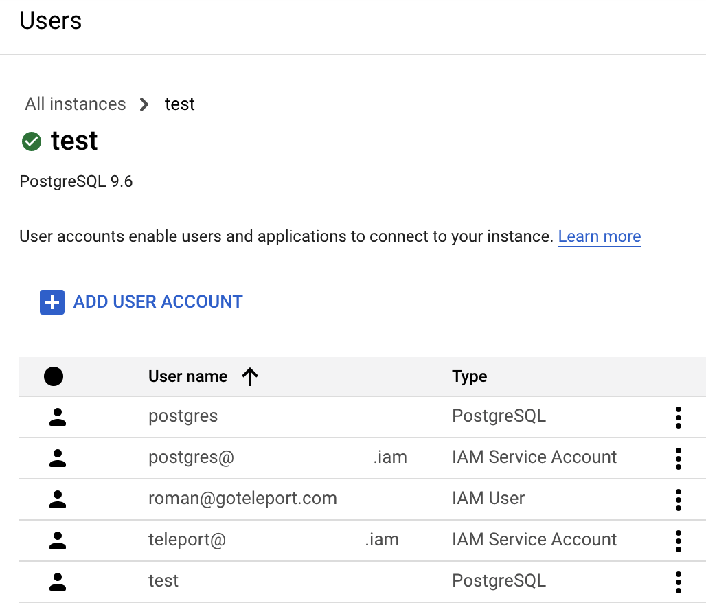 Cloud SQL User Accounts Table