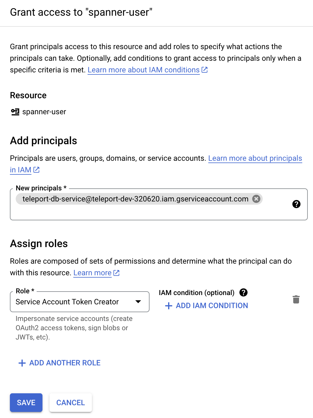 Grant Service Account Token Creator to Database Service